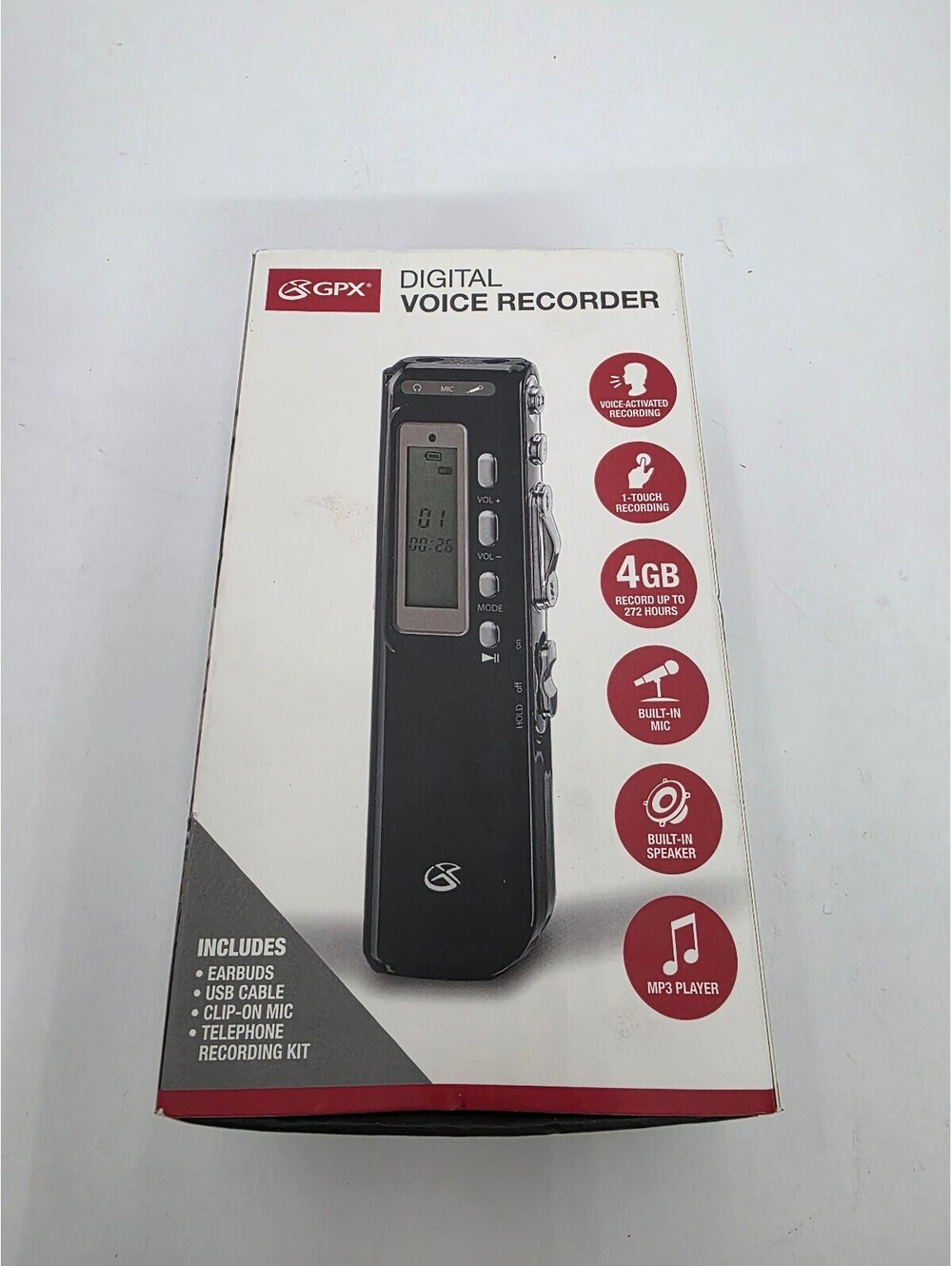 GPX Digital Voice Recorder with 4GB Memory and Built-in Speaker